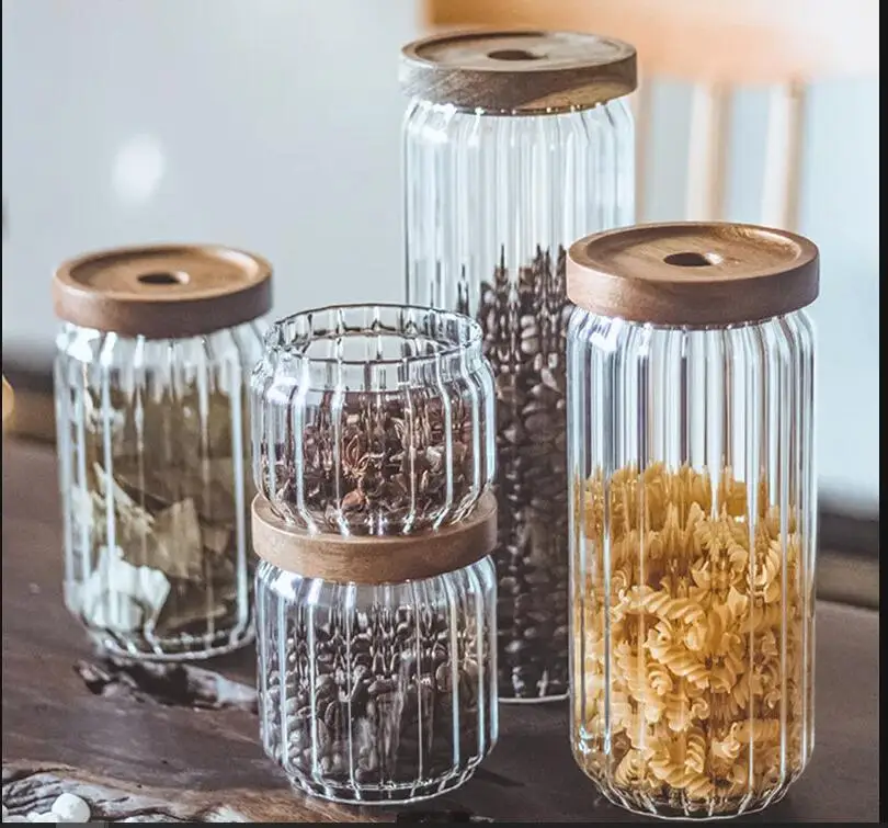 Airtight Cereal Jar - Wood Lid Orgnizer Glass Airtight Canister