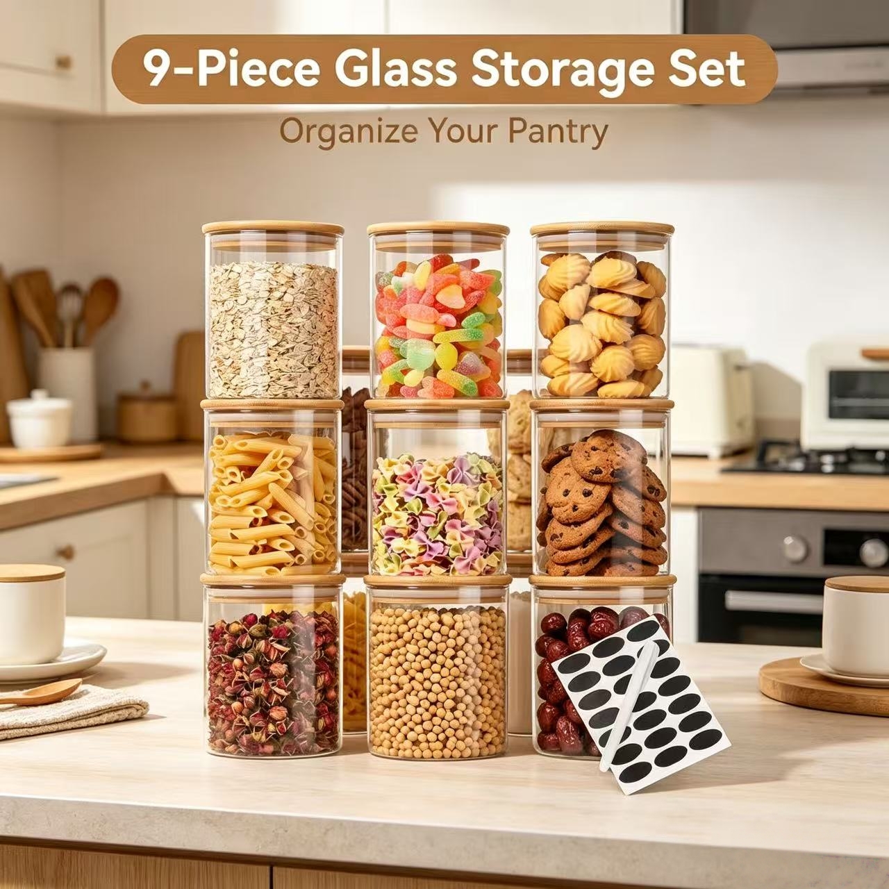 Airtight Cereal Jar - 9 Pieces Clear Glass Storage Canisters