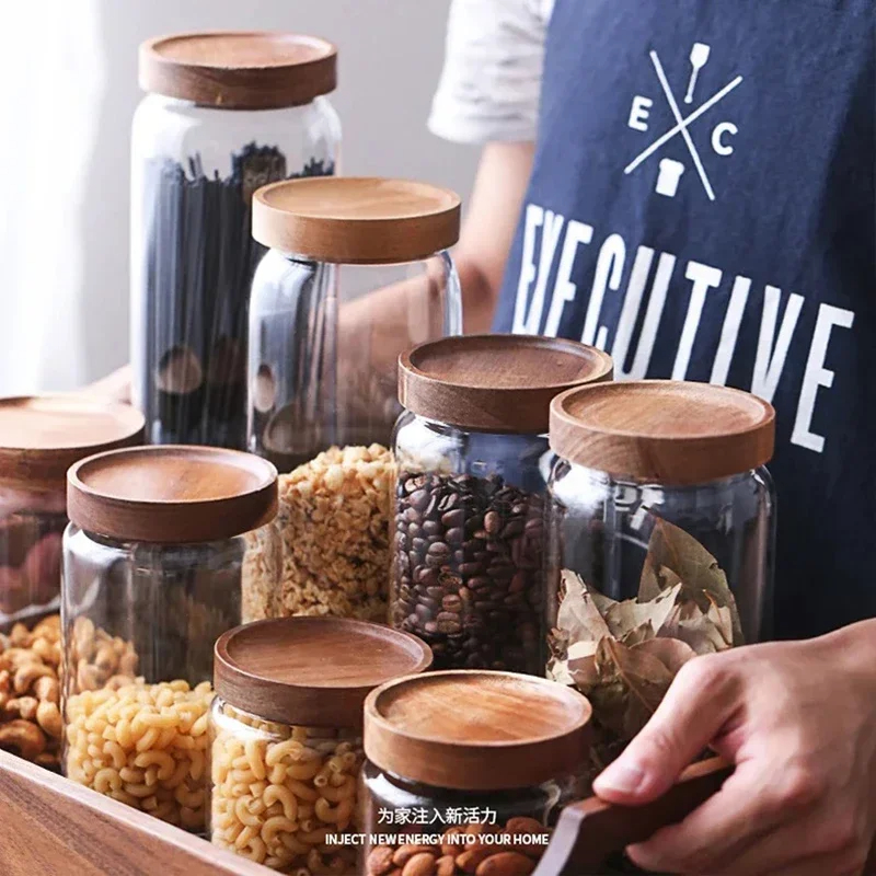 1pcs Wood Lid Orgnizer Glass A - Airtight Cereal Jar 评论和价格